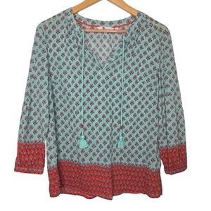 Boden Womens Colorful Contrast Floral Print Tassle Neck Cotton Blouse Size 4